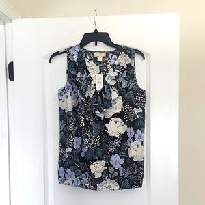 NWT LOFT Blue and White Ruffled Floral Sleeveless Blouse Elastic Waist XS
